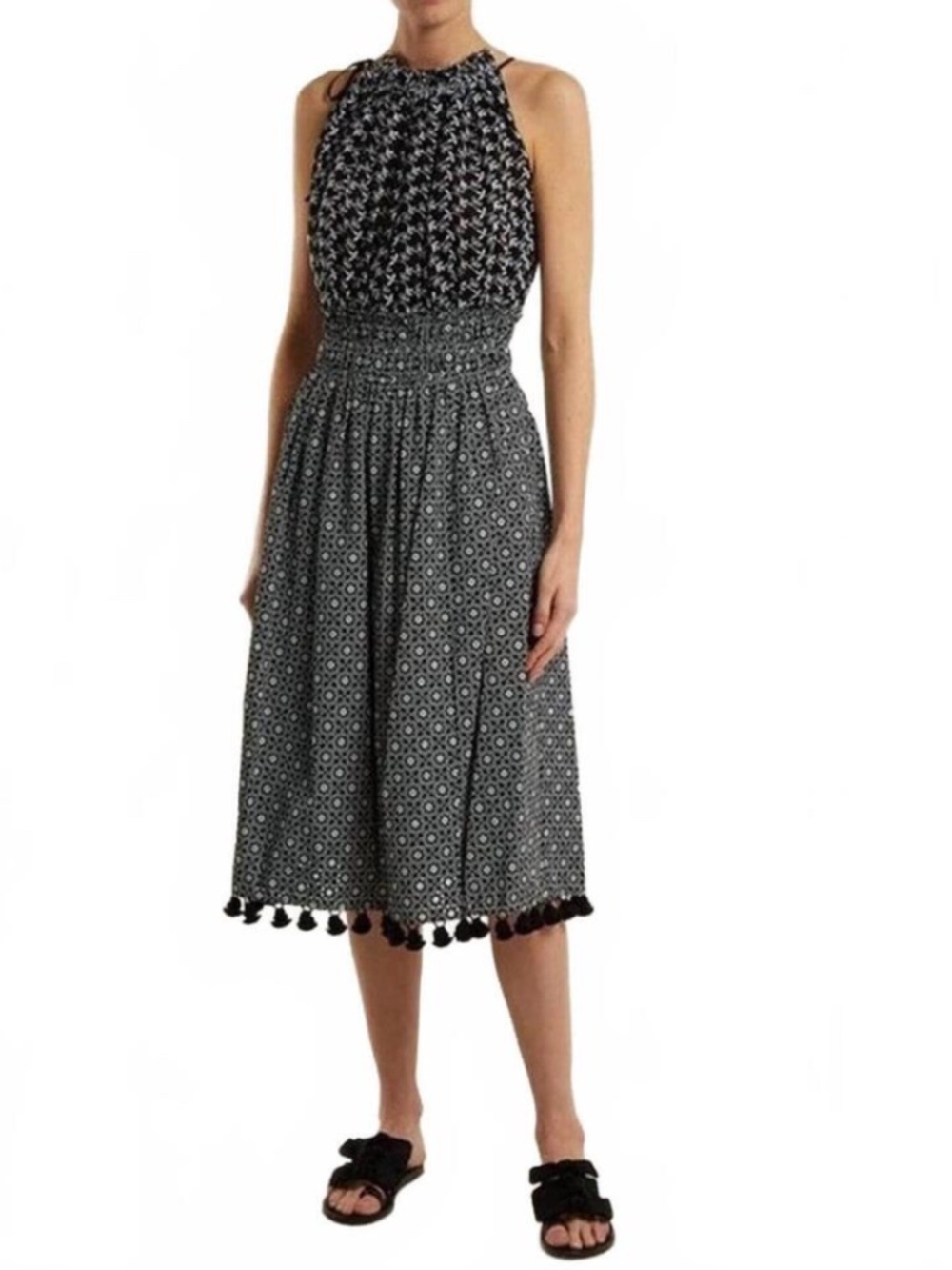 ALTUZARRA VIVIENNE Black White HALTER Midi Dress Pom Hem 42FR, US10, MSRP $1795